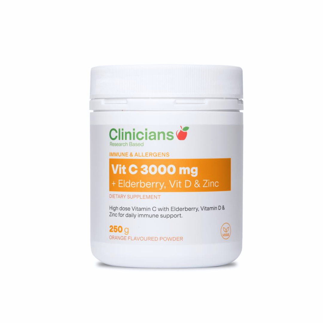 Clinicians Vit C 3,000mg + Elderberry, Vit D & Zinc 250g Powder