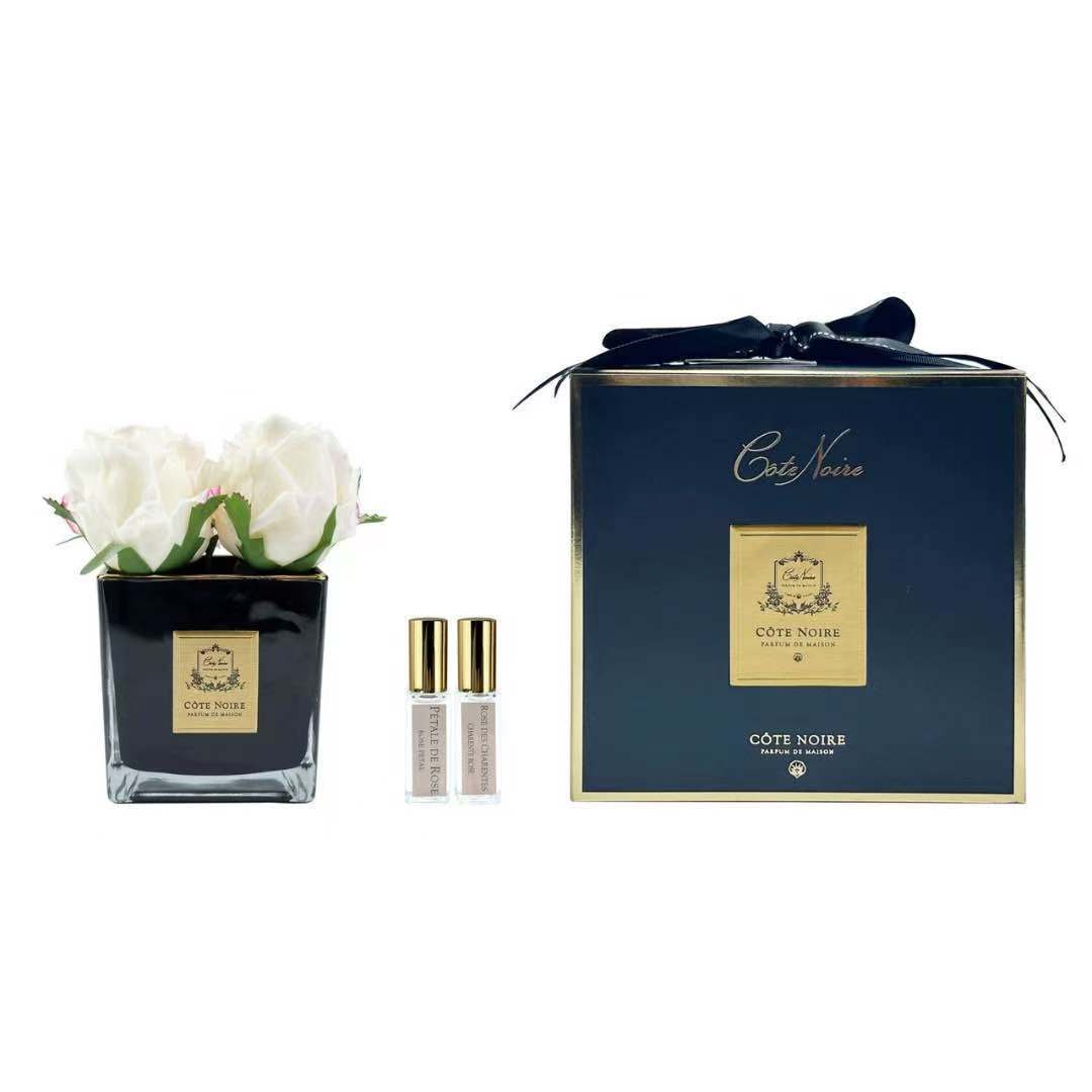 Cote Noire Couture 4 Rose Buds - Square Black Vase Gold & Pink Blush