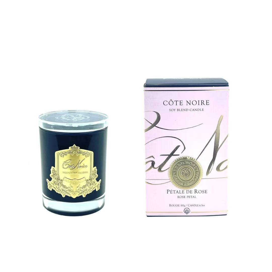 Cote Noire 185g Candle - Dark Vessel with Gold Badge - Rose Petal