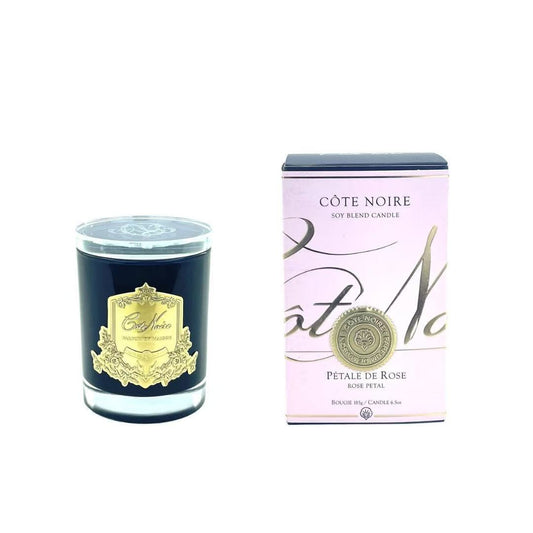 Cote Noire 185g Candle - Dark Vessel with Gold Badge - Rose Petal