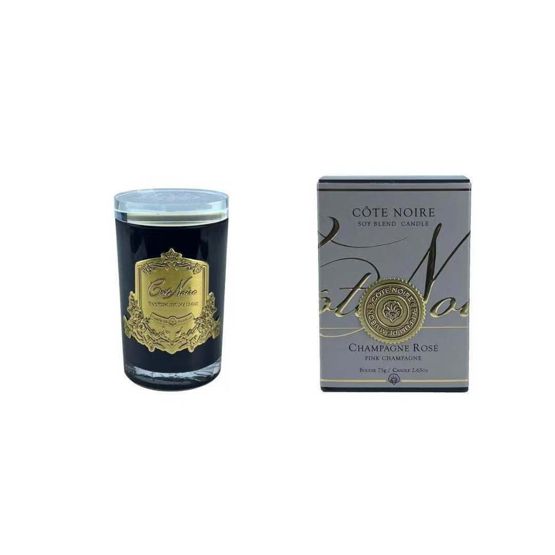 Cote Noire 75g Candle Dark Vessel with Gold Badge - Pink Champagne