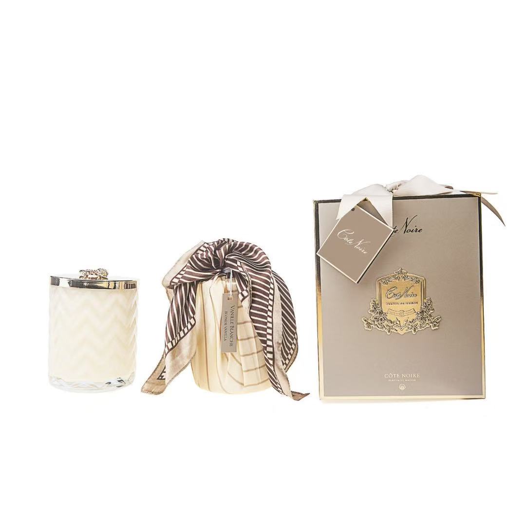 Cote Noire Blonde Vanilla scented Herringbone Candle with Scarf - Cream & Gold - Gold Bee Brooch