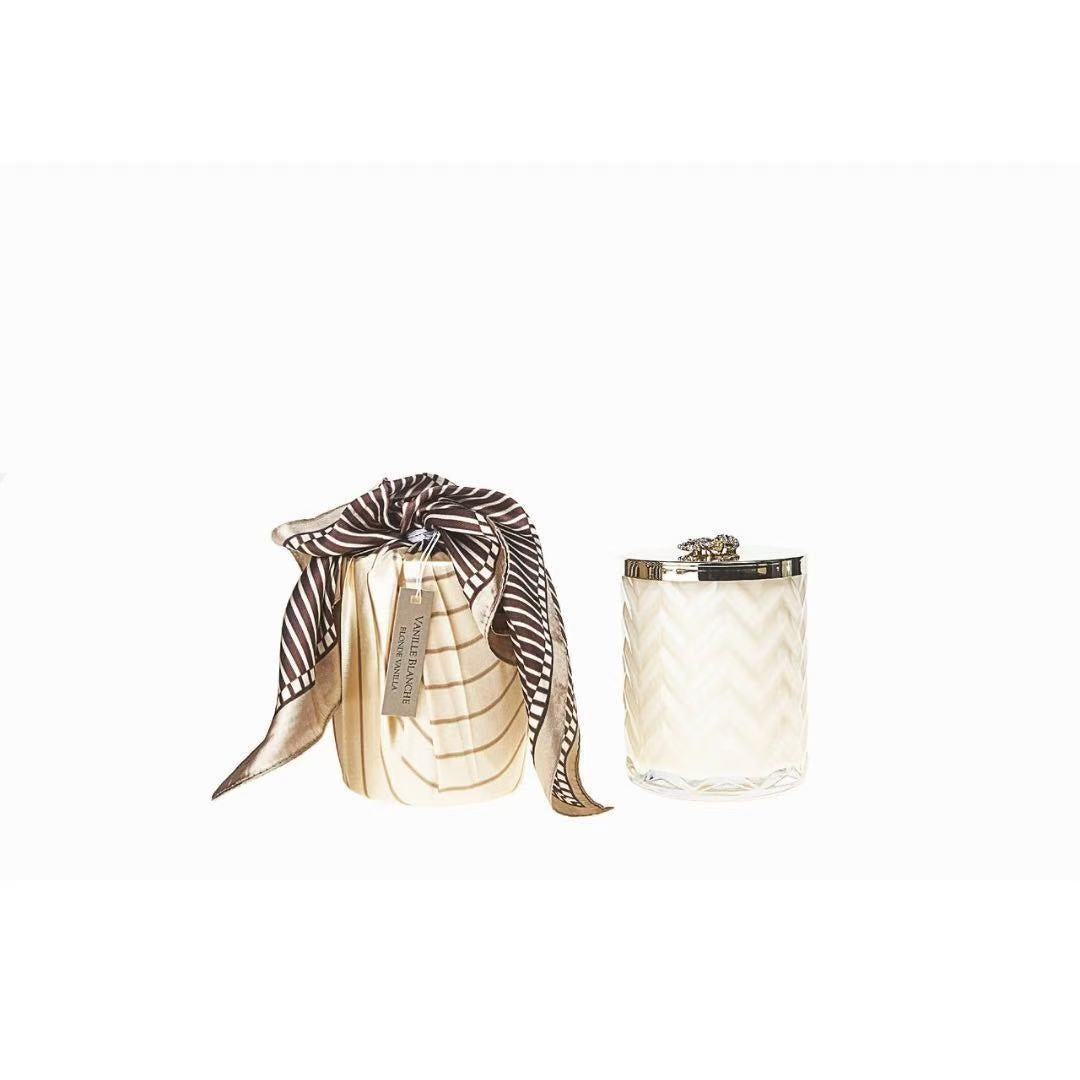 Cote Noire Blonde Vanilla scented Herringbone Candle with Scarf - Cream & Gold - Gold Bee Brooch