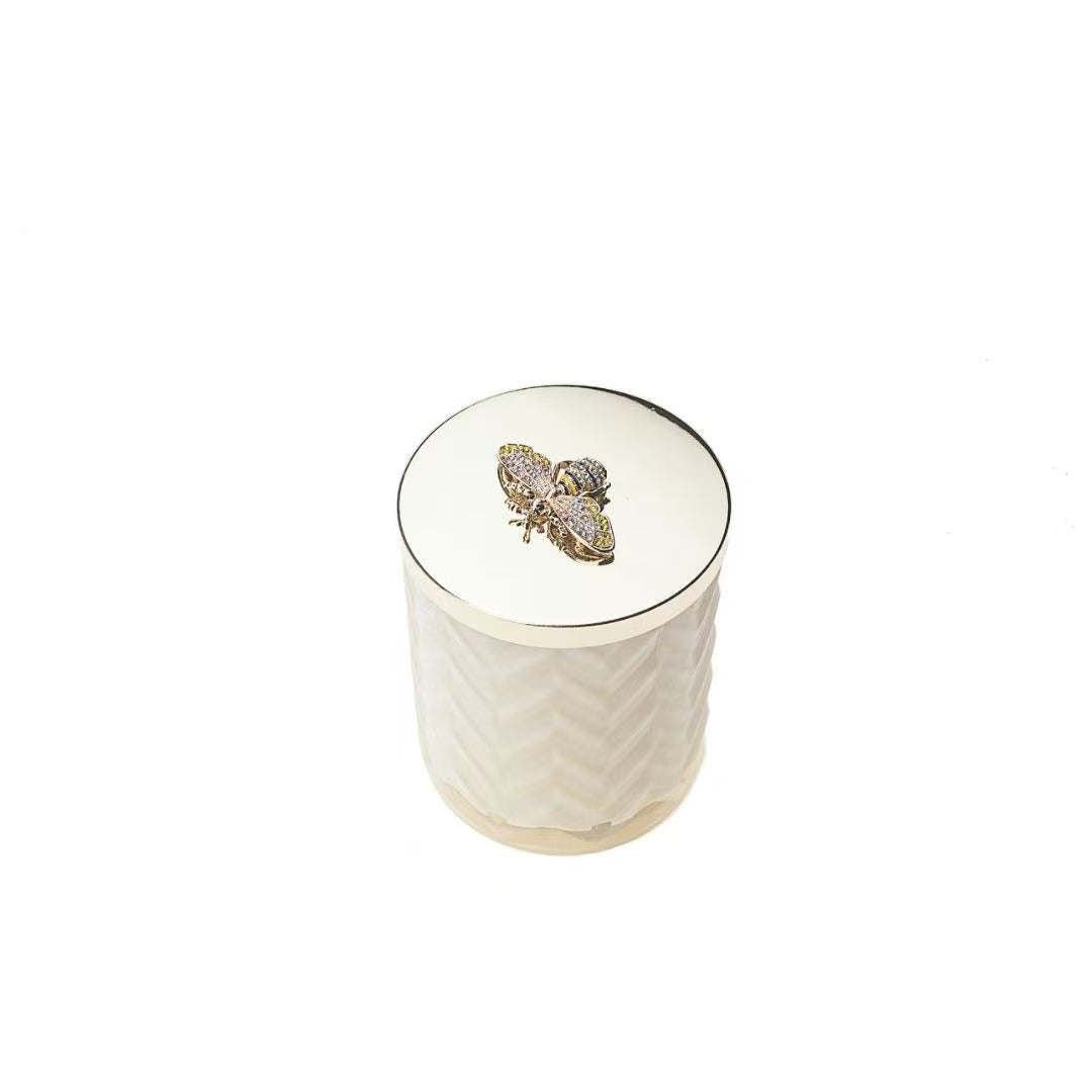 Cote Noire Blonde Vanilla scented Herringbone Candle with Scarf - Cream & Gold - Gold Bee Brooch